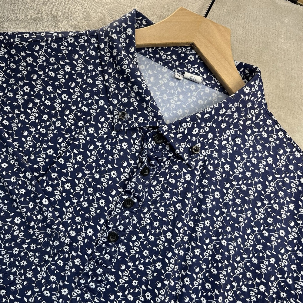 State And Liberty Polo Shirt Mens XL Floral Print Blue Jersey Performance